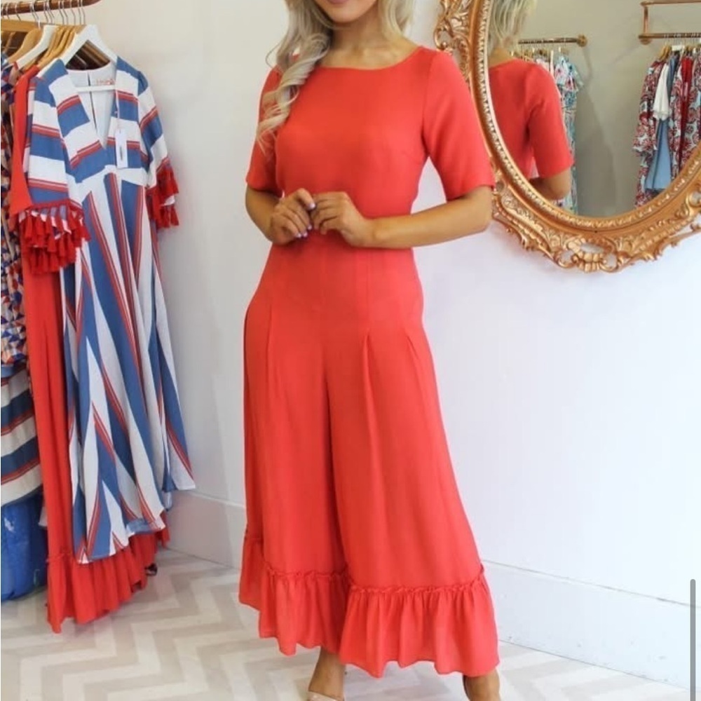Traffic People Pink Red Wide Leg Short Sleeve Ruffle Ankle Jumpsuit M